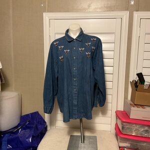 Women's Blue Embroidered Button Down Shirt